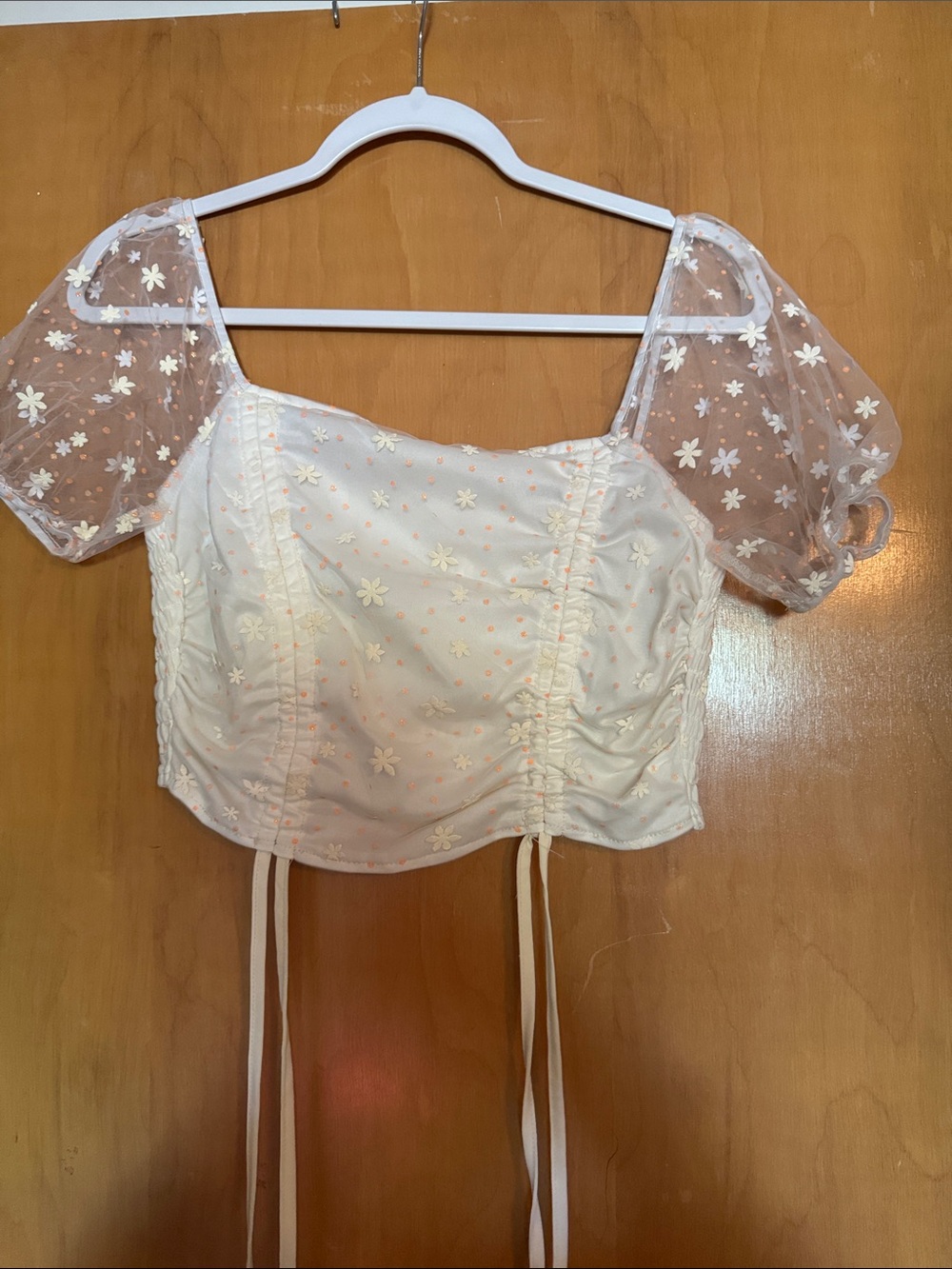 Altar'd State Cream Floral Embroidered Puff-Sleeve Crop Top